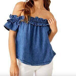 Free People Blue Off-Shoulder Ruffle Denim Top